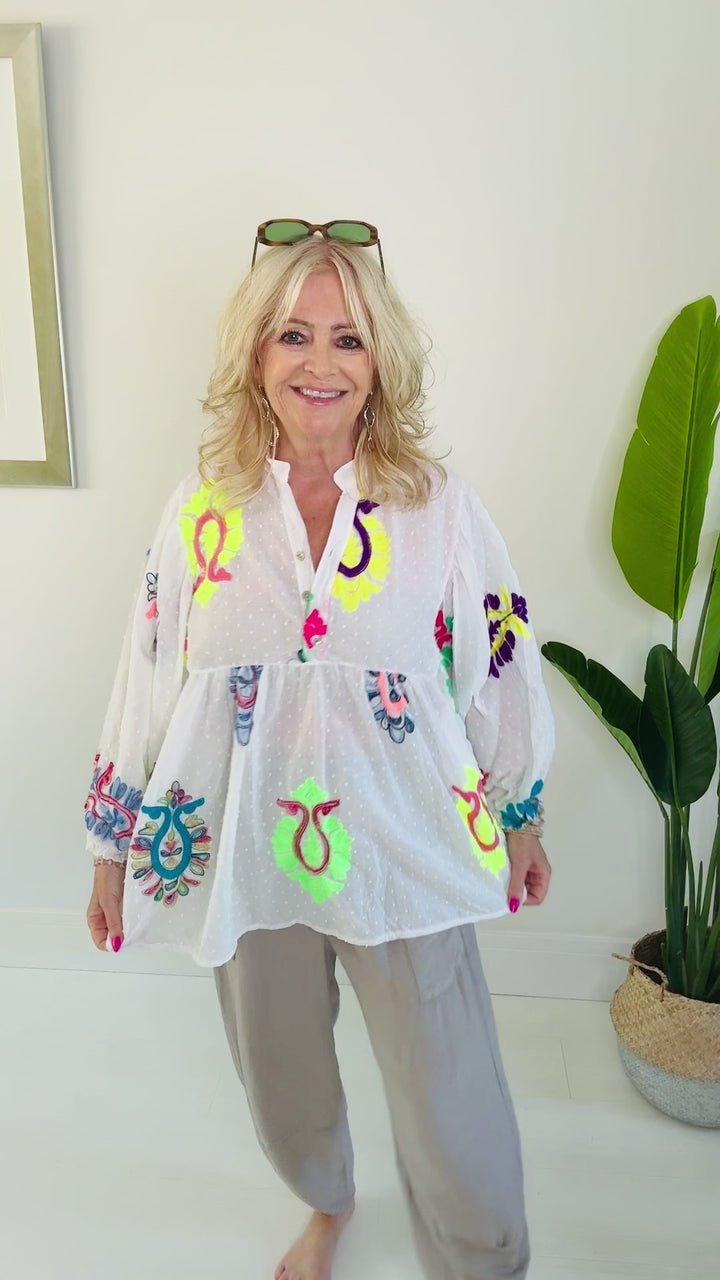 Zora Neon Embroidered Top White