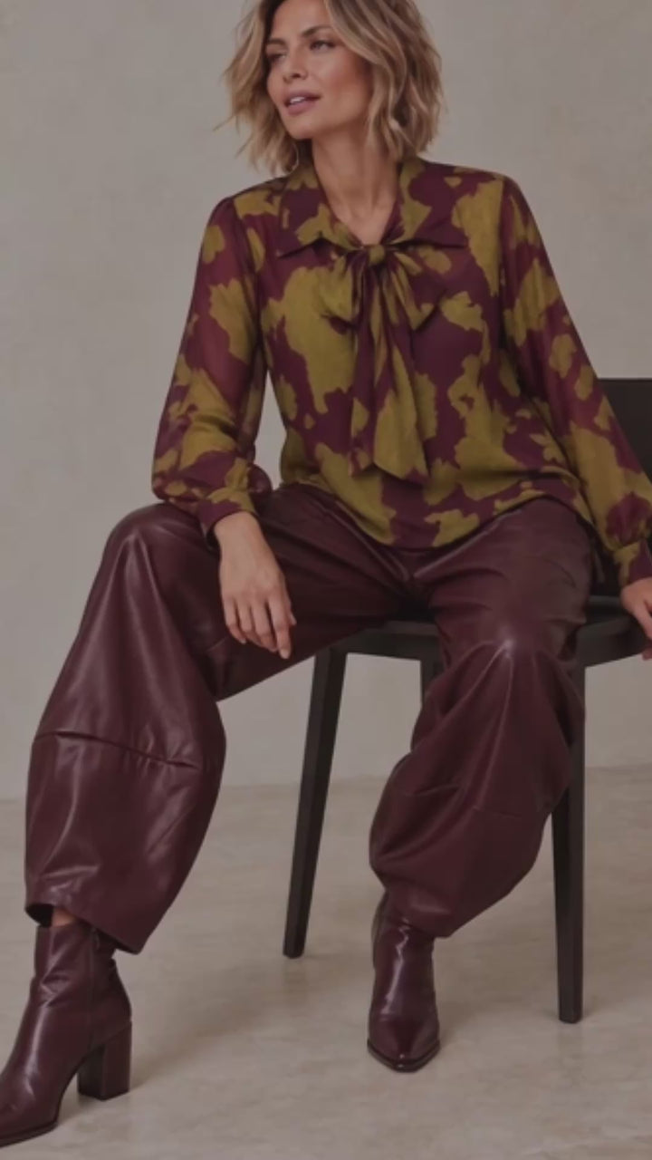 Abstract Pussy Bow Blouse Damson