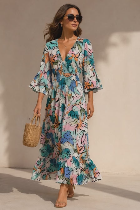 Tilly Abstract Midaxi Dress Aqua