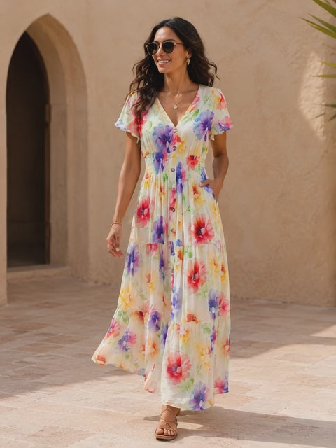 Claudia Floral Shirred Maxi Dress Lemon