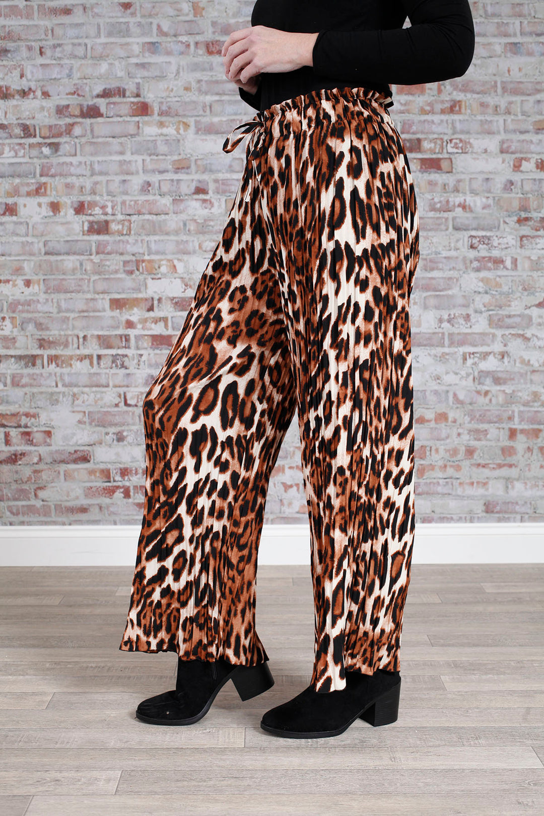 Tan Leopard Pleat Palazzo Trousers