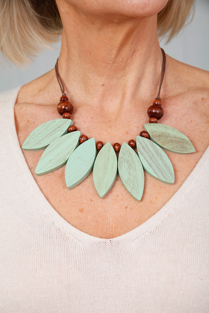 Wooden Sage Green Petal Necklace