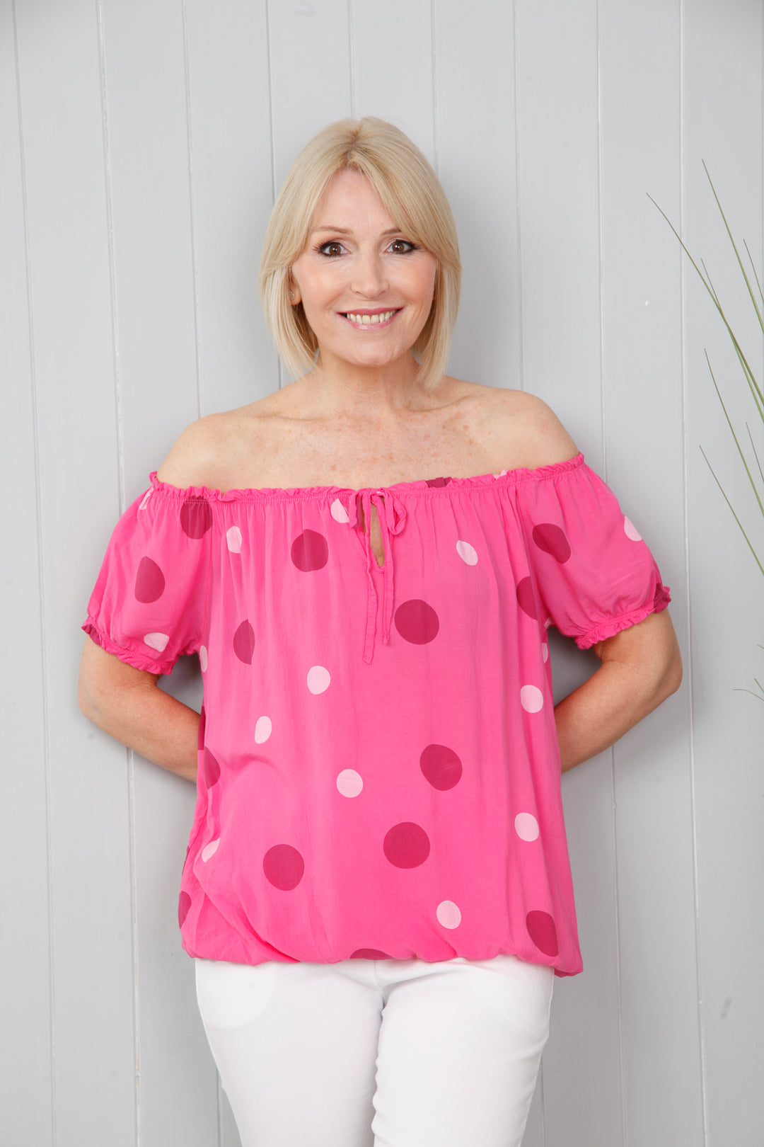 Polka Dot Bardot Top Cerise