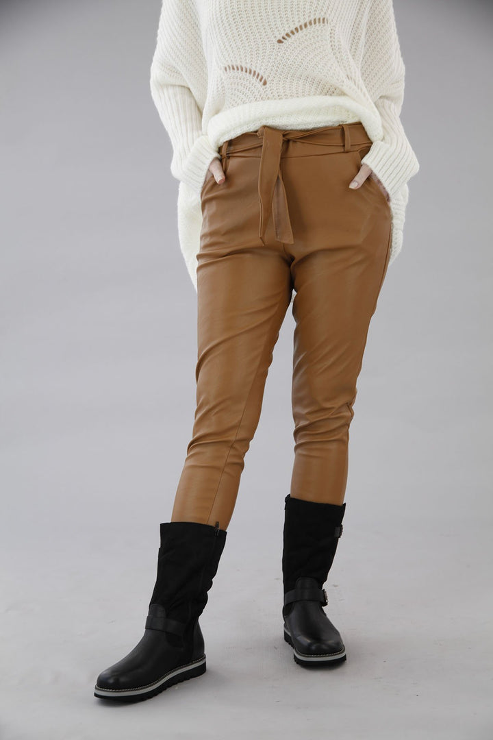 Belted Italian PU Trouser Camel - Goose Island