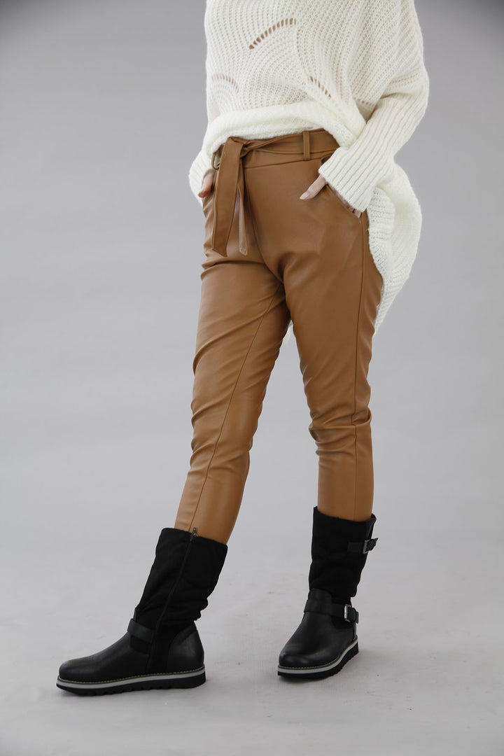 Belted Italian PU Trouser Camel - Goose Island