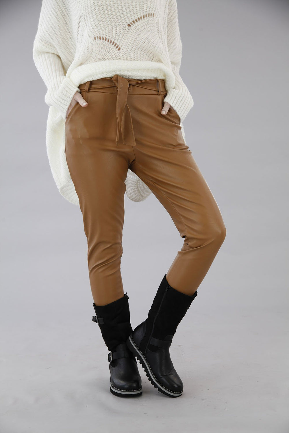Belted Italian PU Trouser Camel - Goose Island