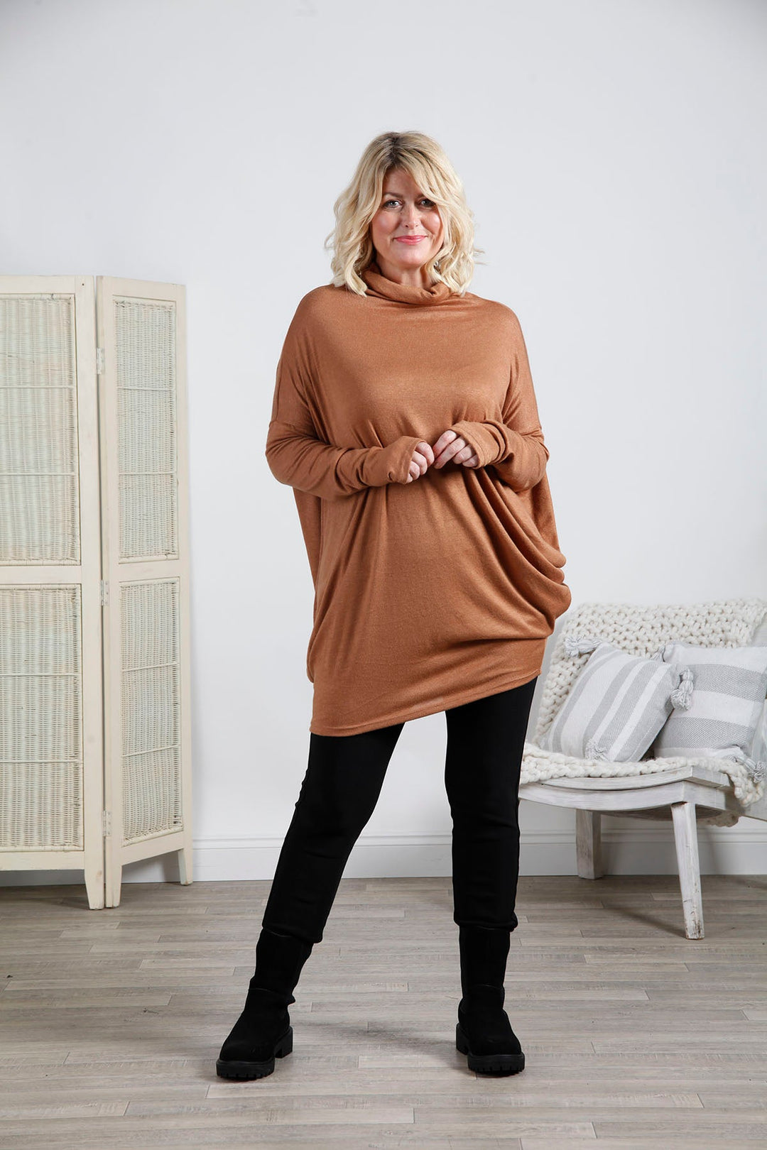 Camel Slouch Cowl Neck Top - Goose Island