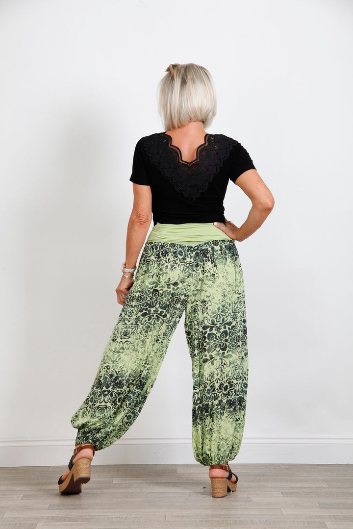 Lime Green Flower Print Harems - Goose Island