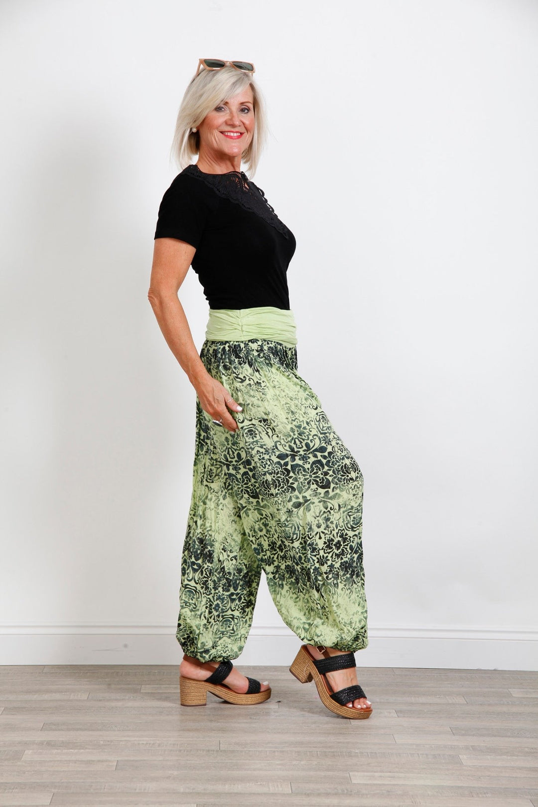 Lime Green Flower Print Harems - Goose Island