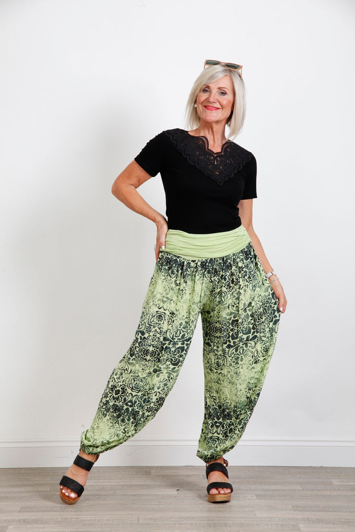 Lime Green Flower Print Harems - Goose Island