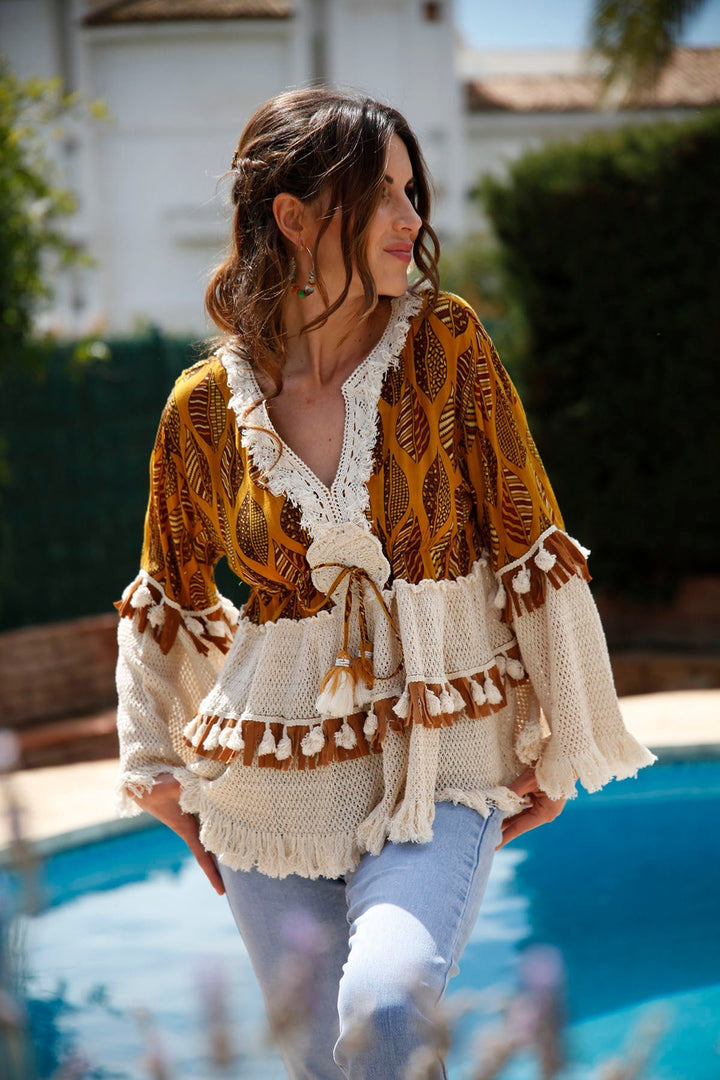 Morocco Golden Leaf Fringe Top - Goose Island